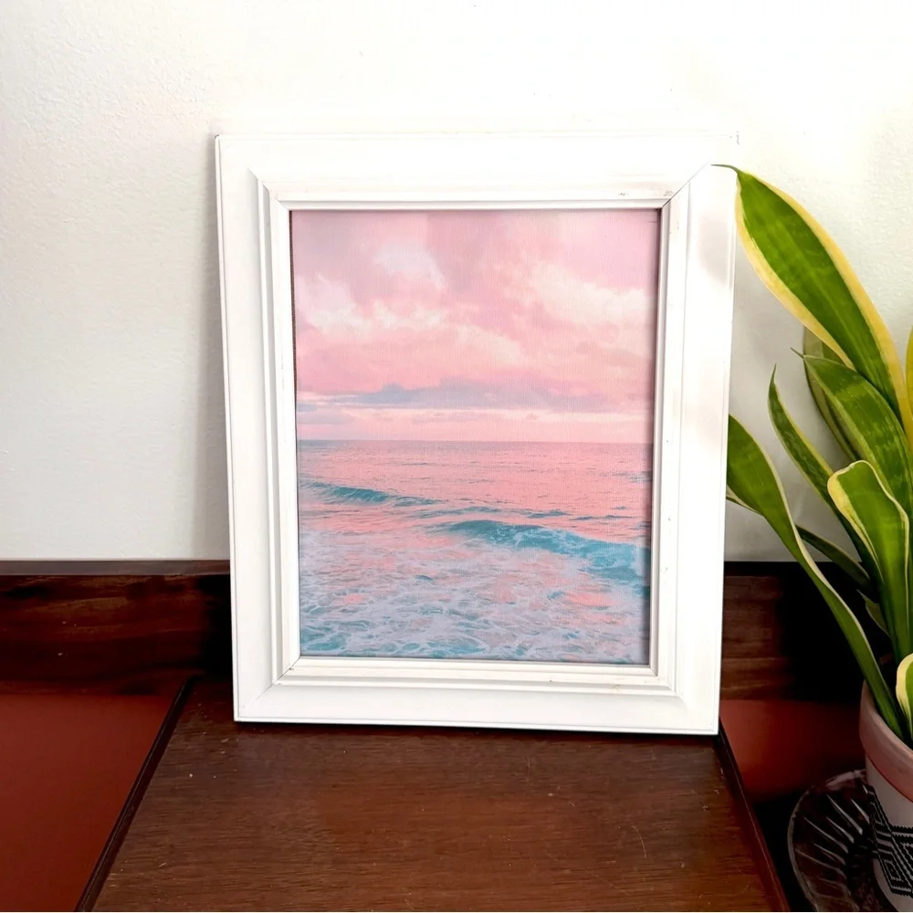 Ocean Waves Pink Cotton Candy Sky Sunset Coastal Beachy Canvas Art Print Framed